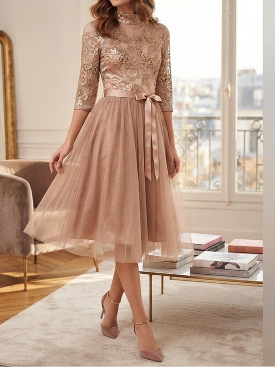Chi Chi London Dresses & Skirts - Chi Chi London Rose Gold Embroidered Lace & Tulle Midi Dress